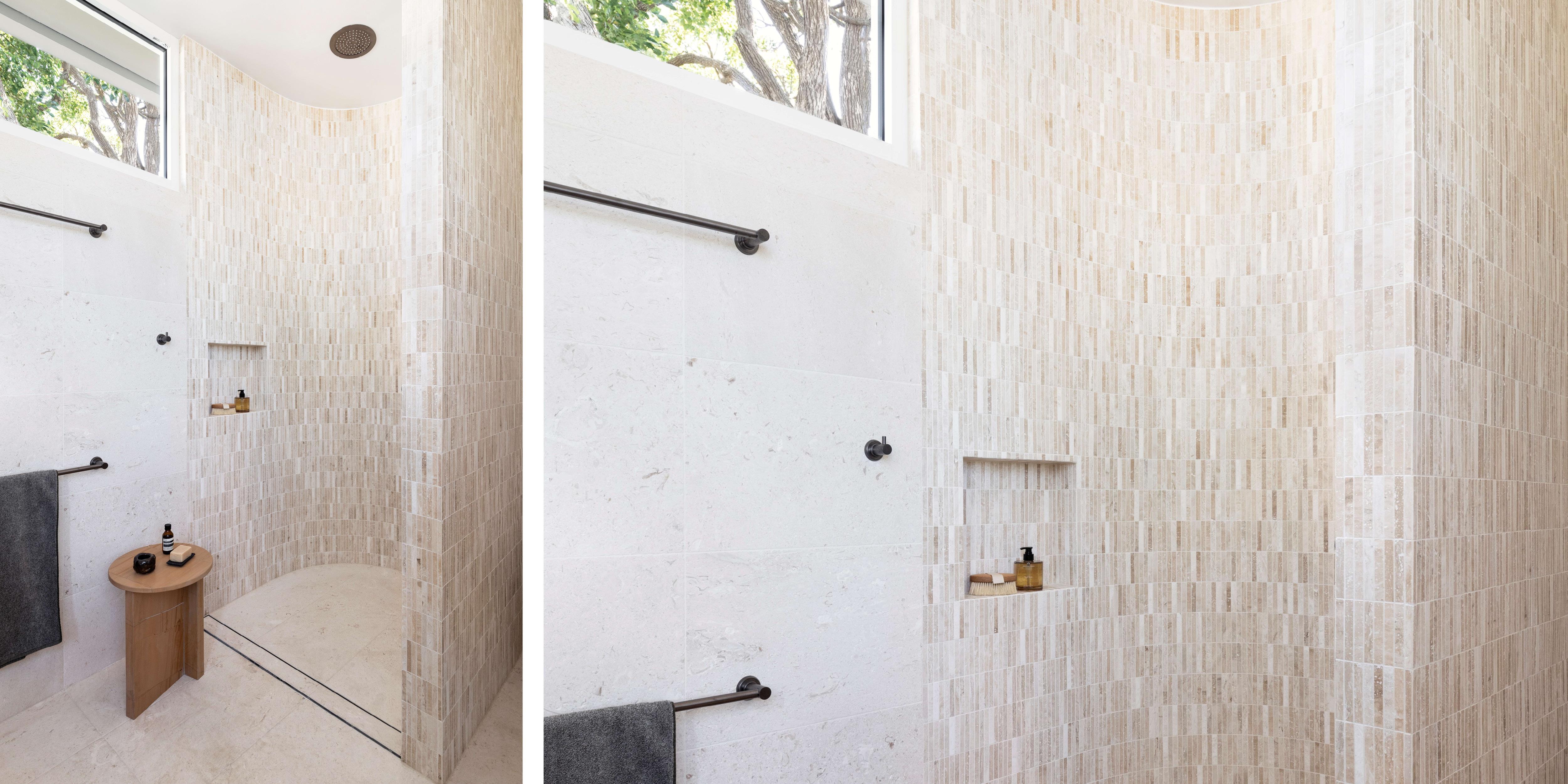 Designer Eliesha Keenan (Paiano Design) used striking Travertine finger tiles in this luxuriously curved shower recess. 